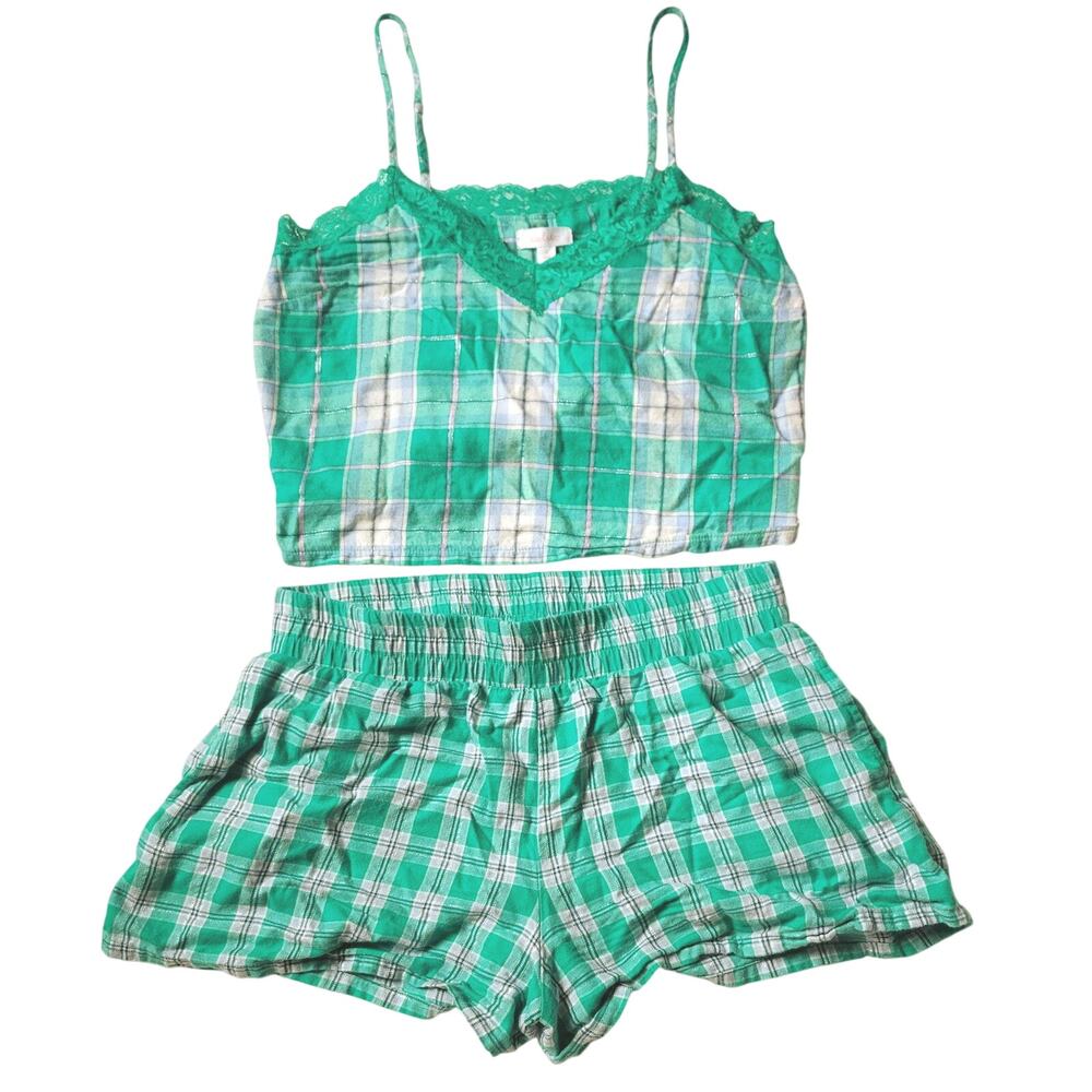 Colsie Womens Medium Matching PJ set Lounge Pajames Green Plaid Shorts Tank Top
